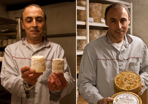 Philippe Alléosse with two goats cheeses at different stages of ripening and machengo